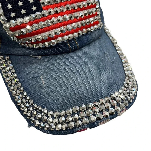 Jeweled US Flag Denim Baseball Hat - Picture 2 of 7